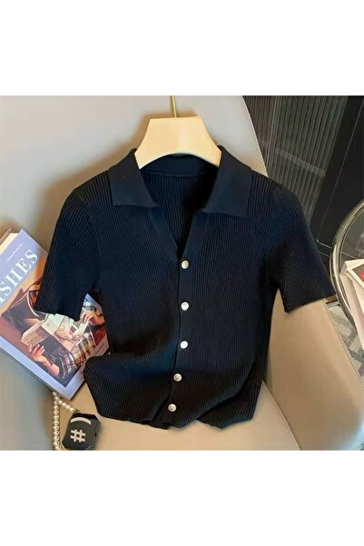 NATUFIAN STORE Dámské tričko Polo Neck Metal Gold Button Basic Knitwear