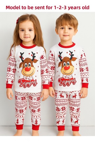 Bilge Trend Újévi, karácsonyi, újévi szarvas mintás 100% pamut gyermek pizsama szett (1 darabos pizsama szett)