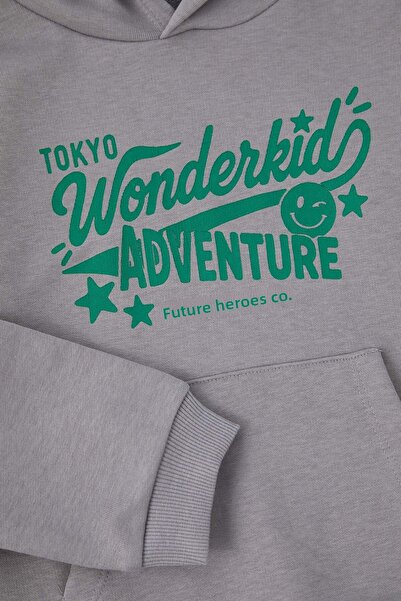 TRENDYOLKIDS Gray Cotton Slogan Printed Hooded Oversize Boys' Knitted Bottom - Top Set Tkdaw26Au00038