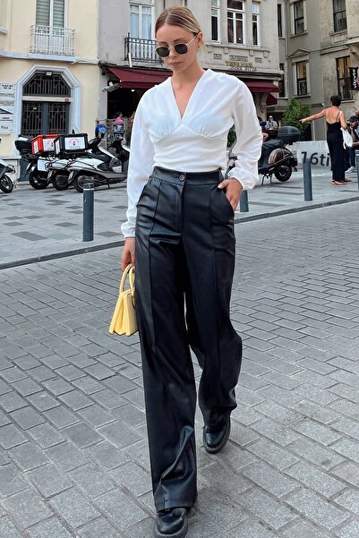 VAGGON Γυναικείο μαύρο παντελόνι Palazzo από συνθετικό δέρμα με διπλές τσέπες με ραμμένο μπροστινό μέρος Prmx9371