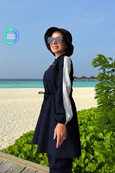 Ka Hijab Sequin Detail Full Covered 2-Piece Hijab Swimsuit - Navy Blue