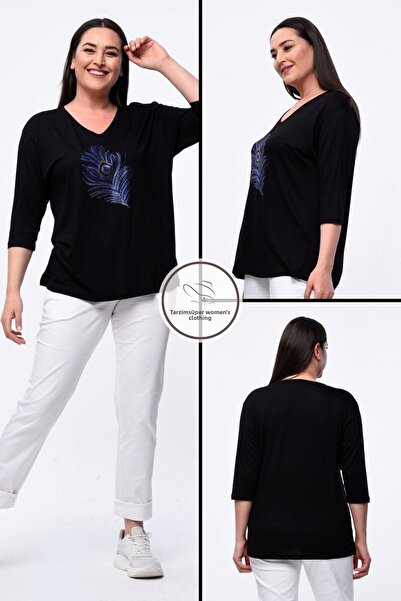 tarzımsüper New Season Plus Size Κομψή μπλούζα παγώνι με κέντημα με πέτρα - Μοντέλο άνεσης, 4 εποχές