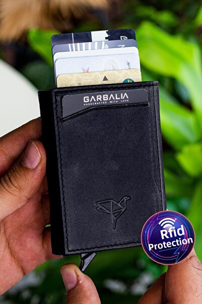 Garbalia محفظة حامل البطاقة السوداء بآلية جلدية مجنونة من براينت