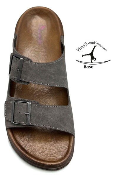 Moda Anna Double Buckle Adjustable Width Flexible Comfortable Leather Men's Slippers 25103 Gray