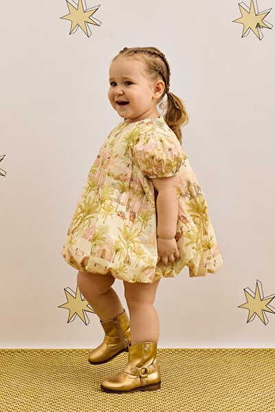 Fahhar Kids Светлозелена бомбена рокля с камилски шарки