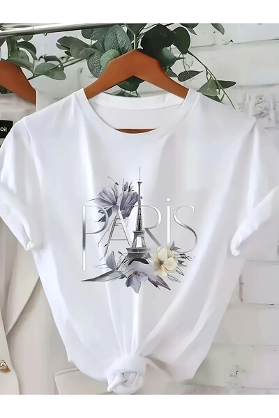 l'eivor تي شيرت قطني أبيض مطبوع باللون الفضي من باريس