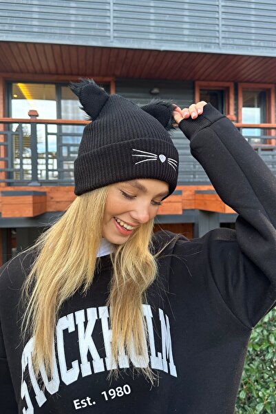 VAGGON Beretă cu broderie pisică neagră pentru femei Prmx11284