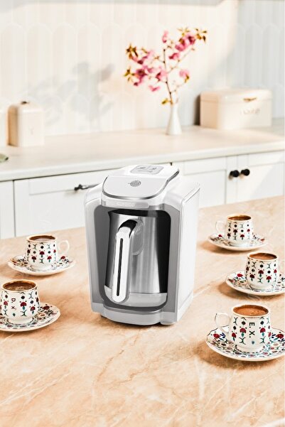 Karaca Hatır Neo Inox Steel Coffee Pot Turkish Coffee Machine 5 Cup Capacity White