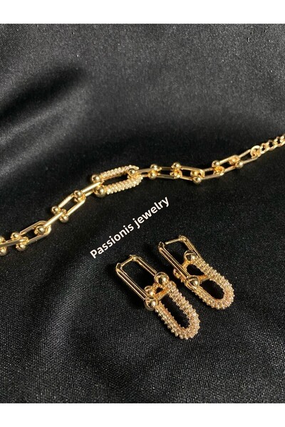 Passionis Jewelry Gold Tiffany Chain Zircon Stone Necklace Bracelet Earring Set of 3