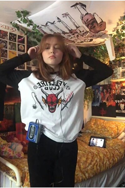 EFBUTİK Λευκό μανίκι με λεπτομέρεια Hellfire Club Μακρυμάνικο μπλουζάκι