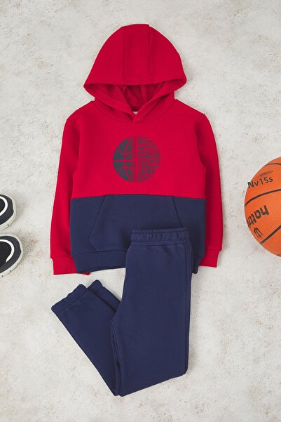 TRENDYOLKIDS Red Cotton Color Block Hooded Regular Boy Knitted Bottom - Top Set Tkdaw26Au00037