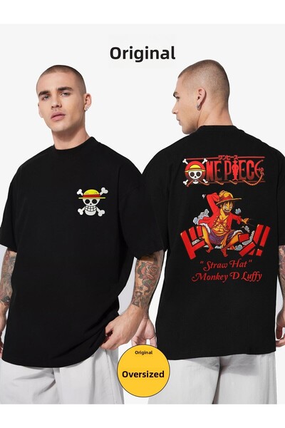 donamod تي شيرت One Piece Straw Hat Monkey D. Luffy مطبوع من الأمام والخلف للجنسين باللون الأسود