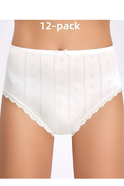 İlke 12 Pack, Women's Bato Panties, Plus Size, Jacquard, Lace, Heart Pattern, 100% Cotton Combed, Ecru