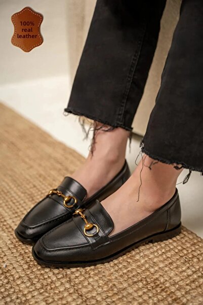 LamintaGlobal Seul Black Gold Accessory Genuine Leather Women's Loafer