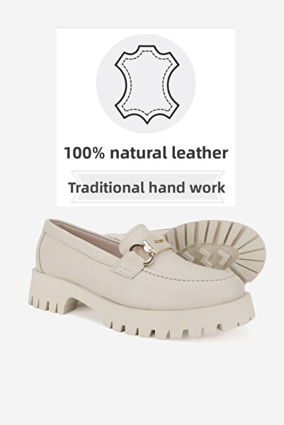 TUNAELLİ Beige Women's Lofer - Size 36-41 Buckle, Genuine Leather