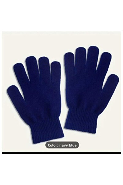 Betülce Set of 3 Neck Collar Beanie and Knit Wool Long Gloves Dark Blue Set