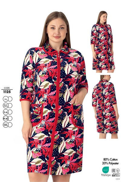 ROMEO LİFE Női nagyméretű pamutkeverék bársony cipzáras ruha 1125 RED-CREAM