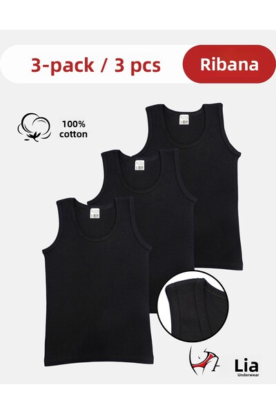 ALYA UNDERWEAR Boy's Cotton Ribbed Tank Top Oval Collar 3 Pack - 3 Pieces Black