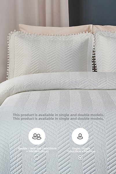 Evlen Home Collection 100% Cotton Single Quilted Daily Bedspread Pique Set with Pom-Poms Cream / Off-White