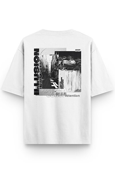 Overoz Illusion White Oversize T-Shirt - Back Printed, Unisex, 1269