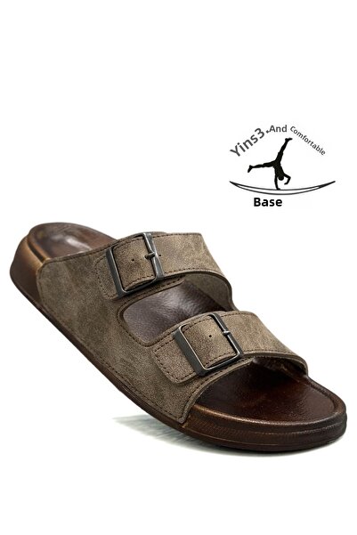 sermoda Ανδρικές παντόφλες με διπλή πόρπη με ρυθμιζόμενο πλάτος εύκαμπτες άνετες δερμάτινες ανδρικές παντόφλες 25103 Mink