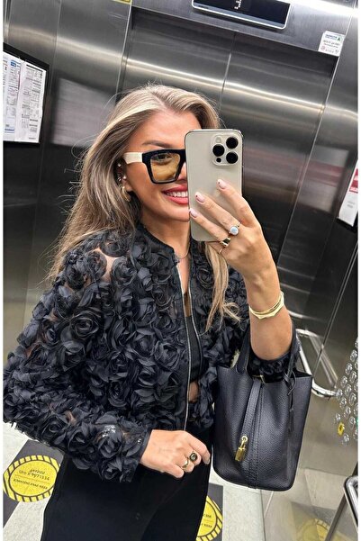 BelezaStore Τρισδιάστατο μαύρο μπουφάν ροζ ζακέτα με τρισδιάστατο ροζ