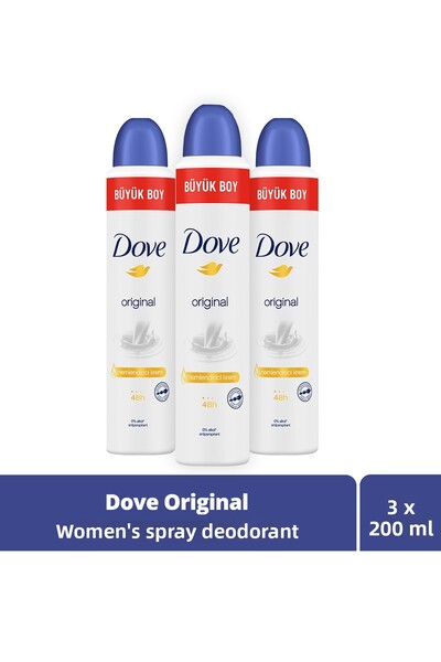 Dove Deodorant spray pentru femei Original 1/4 Cremă hidratantă eficientă Dimensiune mare 200 ml X3 bucăți