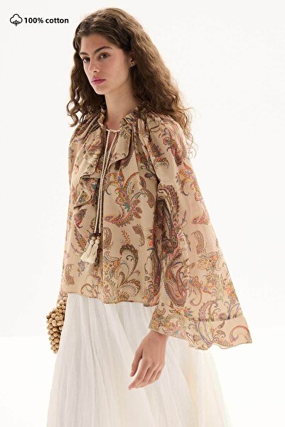 Hooopstore Ethnic Pattern Cotton Voile Milk Coffee Blouse