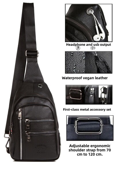 Av A Dos Δερμάτινη τσάντα χιαστί Τσάντα στήθους Τσάντα ώμου πολλαπλών τμημάτων μονό χέρι Τσάντα σώματος με έξοδο ακουστικών