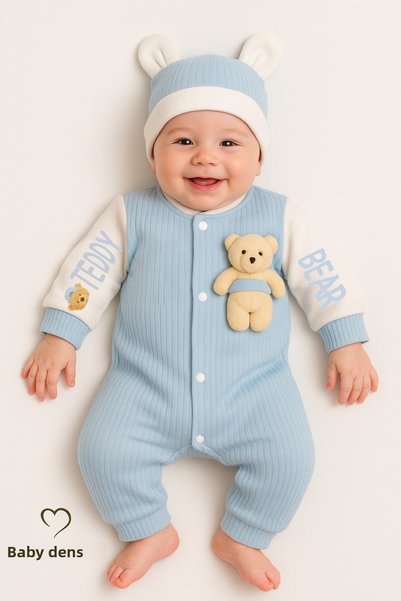 BABYDEN'S Teddy Bear Themed Newborn Ribbed Romper Set with Teddy Bear Baby Romper and Hat Set 100% Cotton Seasonal