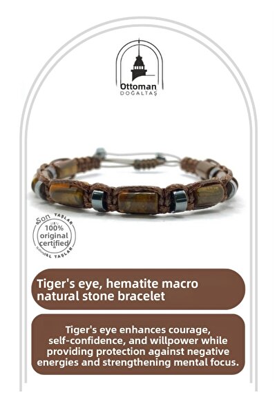 OSMANLI DOĞAL TAŞ Certified Genuine Original Tiger's Eye-Hematite Natural Stone String Bracelet (Angled Macrame Model)