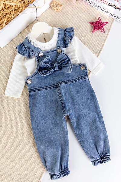 Babymod Bow Baby Girl Denim Salopet Jumpsuit Set