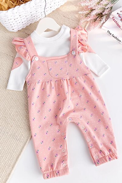 Babymod Floral Ruffled 100% Cotton 2-Piece Baby Girl Salopet Jumpsuit Set