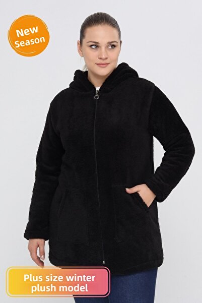 tarzımsüper Πλεκτό βελούδινο φλις φούτερ με κουκούλα με φερμουάρ και 2 τσέπες