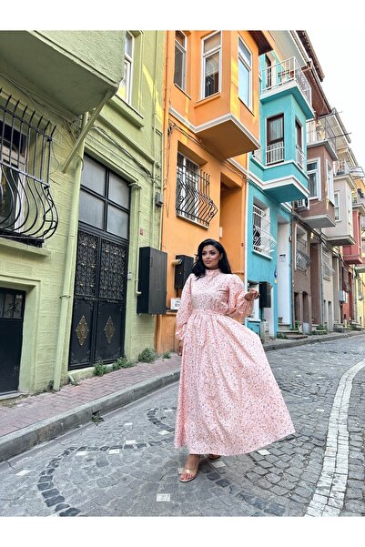 KÜÇÜĞÜM BUTİK Φόρεμα με μανίκια από ποπλίνα σομόν με μαργαρίτα