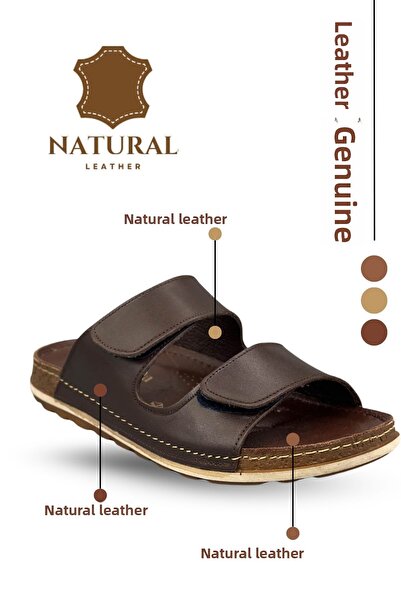 Moda Anna Genuine Leather Men's Slippers with Double Velcro Straps Orthopedic Comfortable Sole Daily Slippers cm Brown