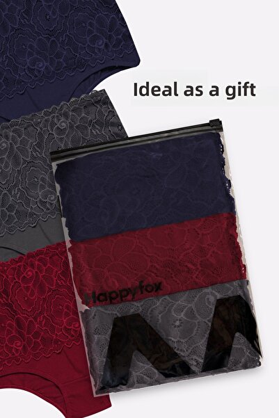 Happy Fox Σετ γυναικεία εσώρουχα από βαμβακερά πολυτελή δαντέλα ψηλόμεση - 3 τεμαχίων μπορντό-γκρι-σκούρο μπλε