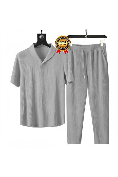 SeusCraft Bürümcük Crinkle T-Shirt Pants Set - Gray Regular Baby Collar