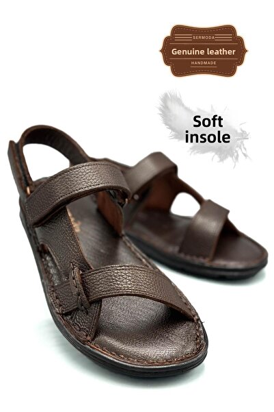 sermoda Ανδρικά σανδάλια Velcro από γνήσιο δέρμα – Άνετο καφέ μοντέλο K Şır Coffee για την πόλη και τις διακοπές