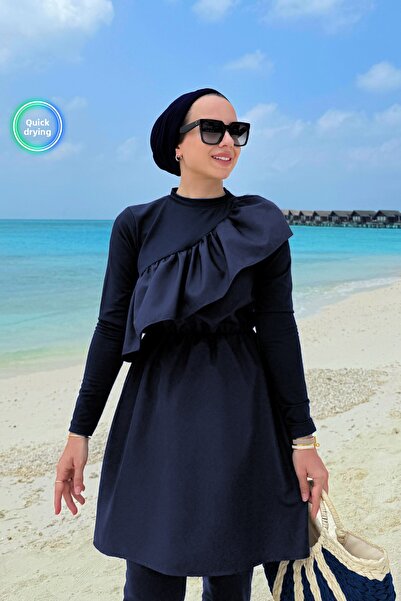 Ka Hijab Ruffle Detail Full Covered 2-Piece Hijab Swimsuit - Navy Blue