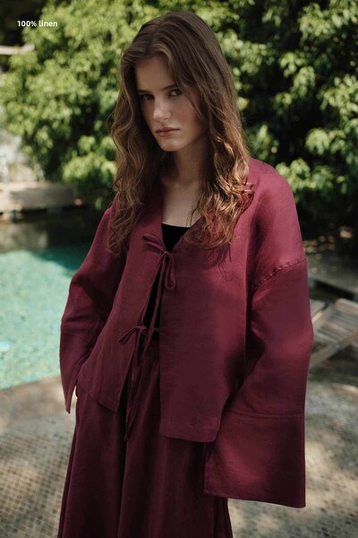 Hooopstore 100% Linen Lace-Up Draped Burgundy Kimono