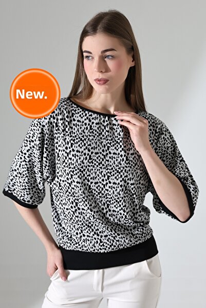 Şiir Melipilla Γυναικεία νυχτερίδα με απαλή υφή με μανίκια τριών τετάρτων Leopard Jacquard πλεκτή μπλούζα & χτενισμένη βαμβακερή μπλούζα - EcruBlack