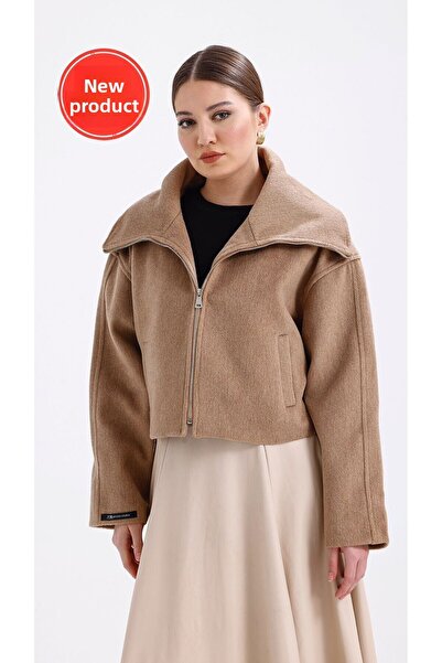 Perryes Norra Women &Apos; S Short Coat - Wide Collar, Zip-Up, Light Brown