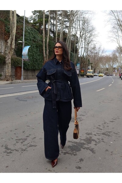 ESRAHELVACI Placket gallérú farmer ing nadrág szett