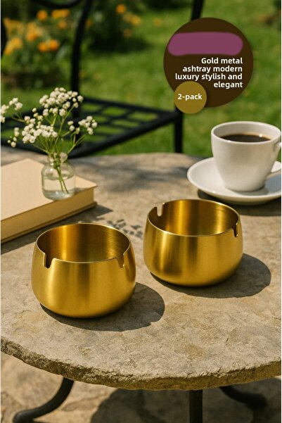 AYGÖREN HOME 2 Pcs Gold Metal Ashtray Modern Design Stylish and Elegant Ashtr...