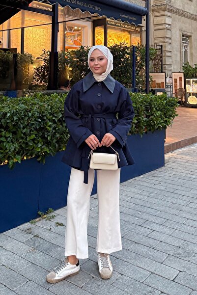 LOCCO Women's Leather Collar Trench Coat Navy Blue