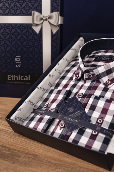 Etikmen Pánská slimfit košile - Claret Red Navy Blue, kostkovaný, dárková krabička