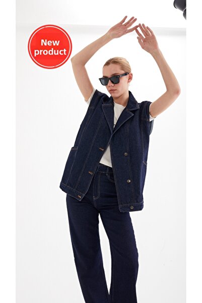 Perryes Women's Side Pocket Detailed 100% Cotton Denim Vest