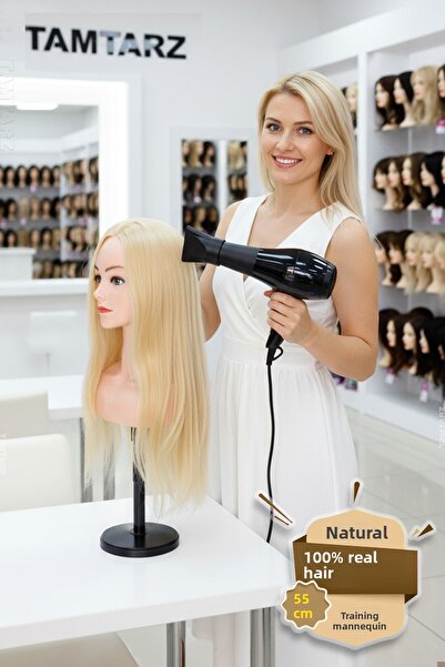 TAM TARZ 100% Real Hair Shoulder Hairdresser Training Mannequin + Table Apparatus / Platinum / 55 cm