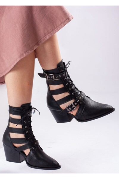 Bej Ayakkabı Women's Back Zippered Double Buckle Adjustable and Tied Summer Boots Matte Black